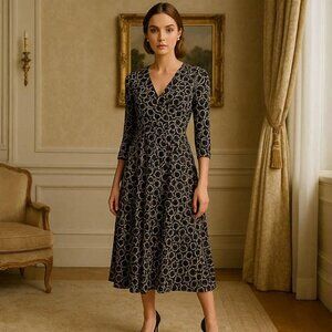 Vintage Liz Claiborne Fit & Flare Empire Midi Dress Size 14 V Collar 3/4 Sleeves